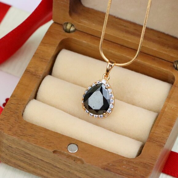 "Teardrop Black Pendant with White Crystal Border in Rose Gold Finish, XPPT1614 - Picture 6 of 13